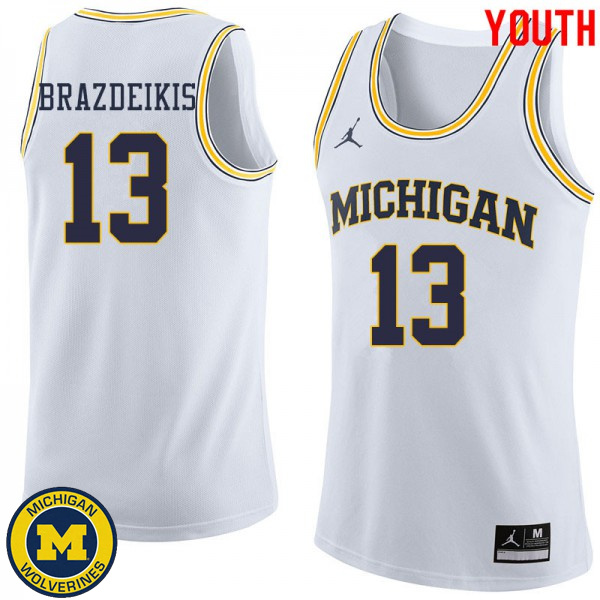 Youth Michigan Wolverines #13 Ignas Brazdeikis White Jordan Brand NCAA Basketball Jersey